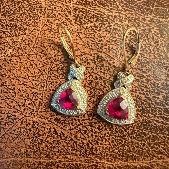 Vintage gold over Sterling Silver 925 Simulated Ruby & CZ Drop Earrings - Picture 7 of 8